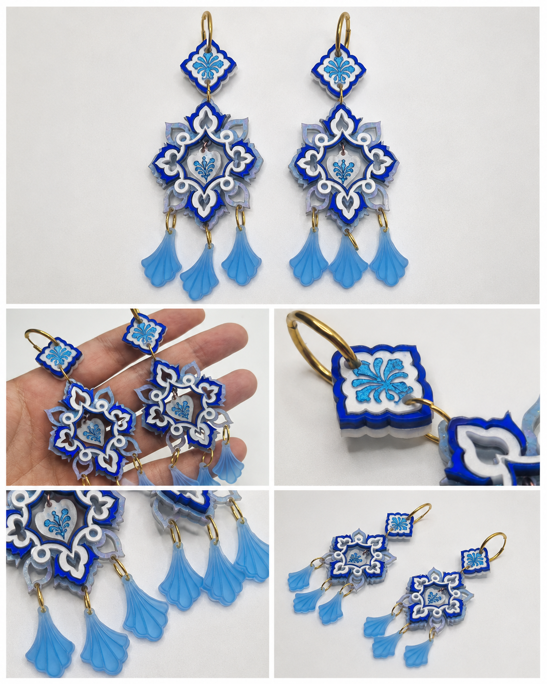 Montaje de detalles de Alma de Oporto: motivos florales, capas de metacrilato nacarado, aros dorados y tres colgantes azules.
