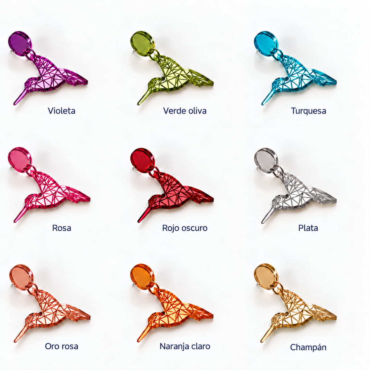 Muestra de los nueve acabados espejo de los pendientes Colibrí, con un solo colibrí por color: violeta, verde oliva, turquesa, rosa, rojo oscuro, plata, oro rosa, naranja claro y champán.