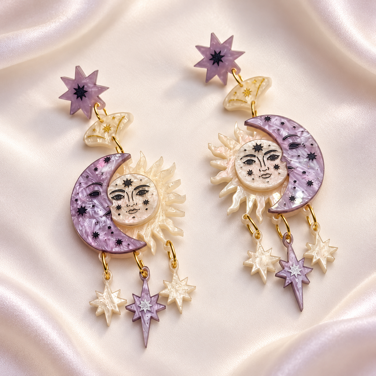 Pendientes de sol y luna en metacrilato lila y blanco nacarado, 11 cm