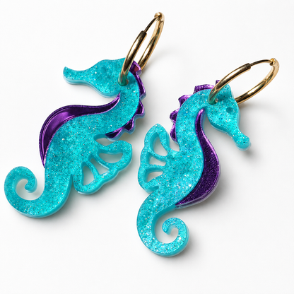 Pendientes caballitos de mar turquesa glim y espejo lila.