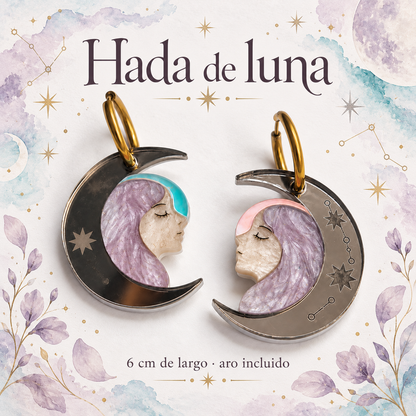 Hada de Luna con decoración lunar y floral en lila y turquesa; 6 cm con aro incluido