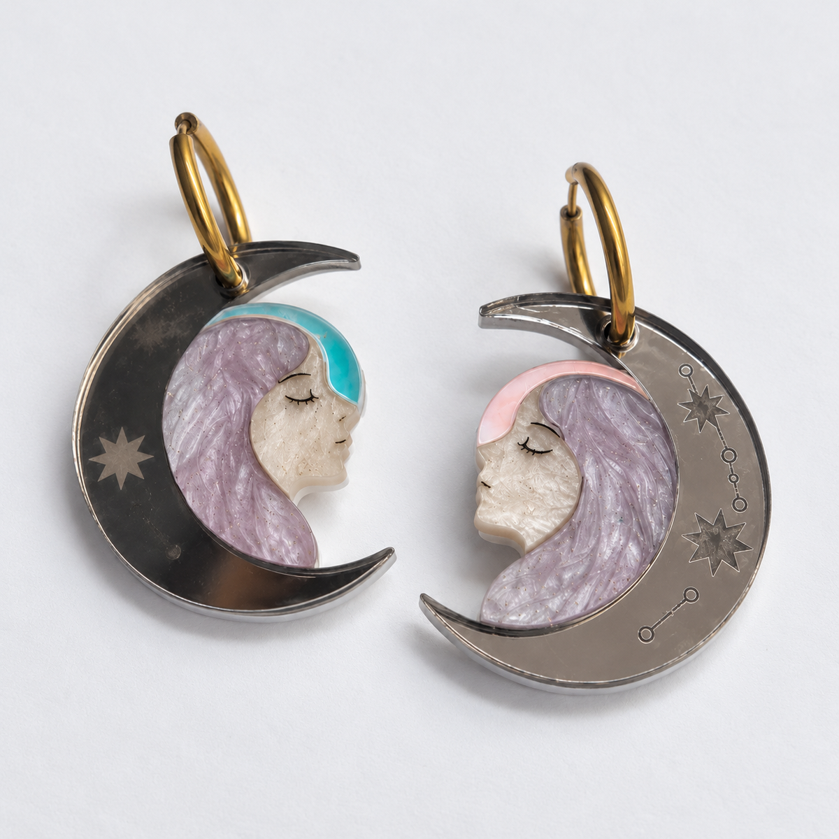 Pendientes Hada de Luna en lila nacarado y espejo, 6 cm de largo con el aro incluido