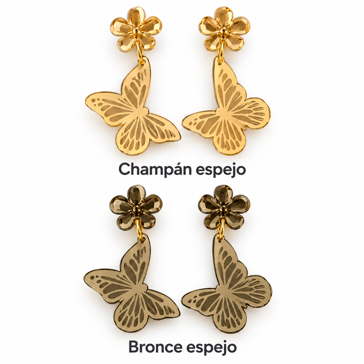 Acabados espejo de los Pendientes Mariposa: champán y bronce, con el nombre debajo de cada par