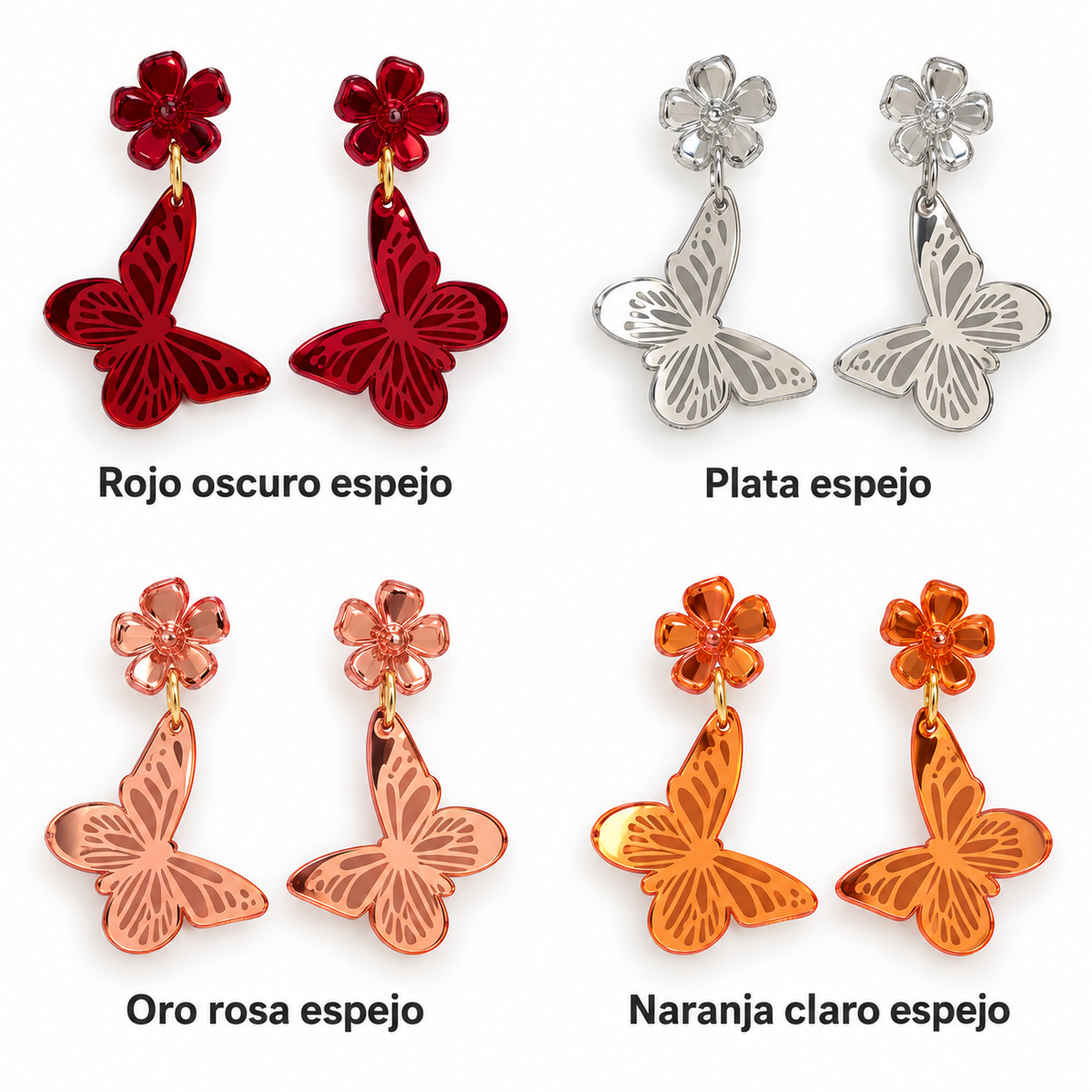 Acabados espejo de los Pendientes Mariposa: rojo oscuro, plata, oro rosa y naranja claro, con el nombre debajo de cada par