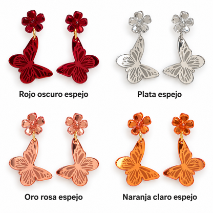 Acabados espejo de los Pendientes Mariposa: rojo oscuro, plata, oro rosa y naranja claro, con el nombre debajo de cada par