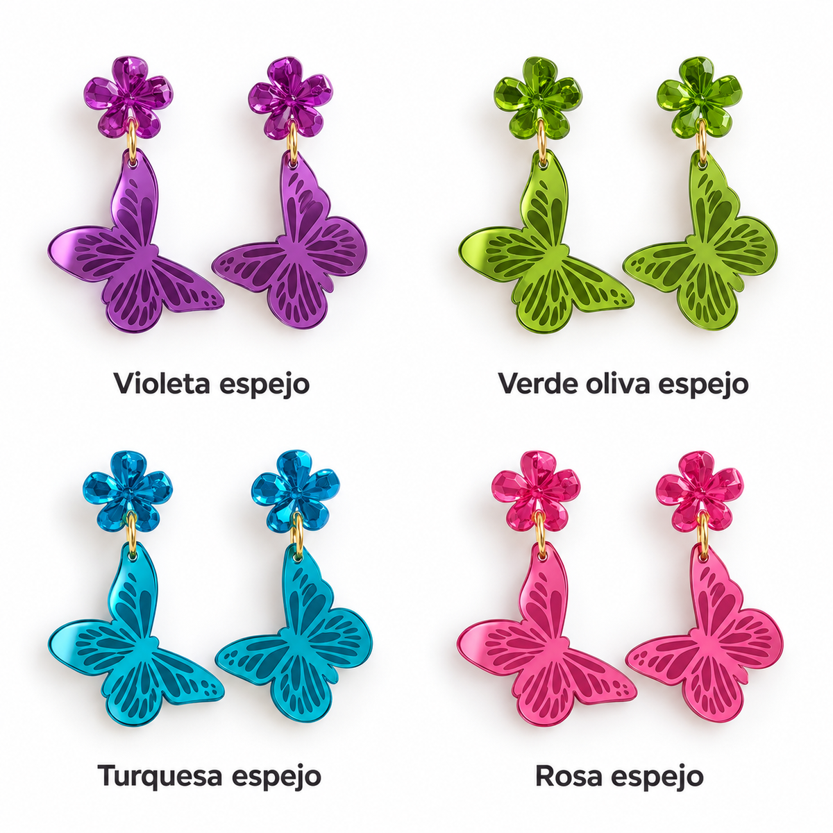 Acabados espejo de los Pendientes Mariposa: violeta, verde oliva, turquesa y rosa, con el nombre debajo de cada par