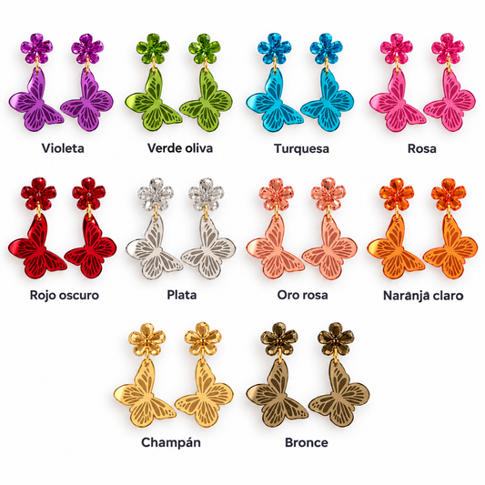 Pendientes Mariposa en diez acabados espejo: violeta, verde oliva, turquesa, rosa, rojo oscuro, plata, oro rosa, naranja claro, champán y bronce.