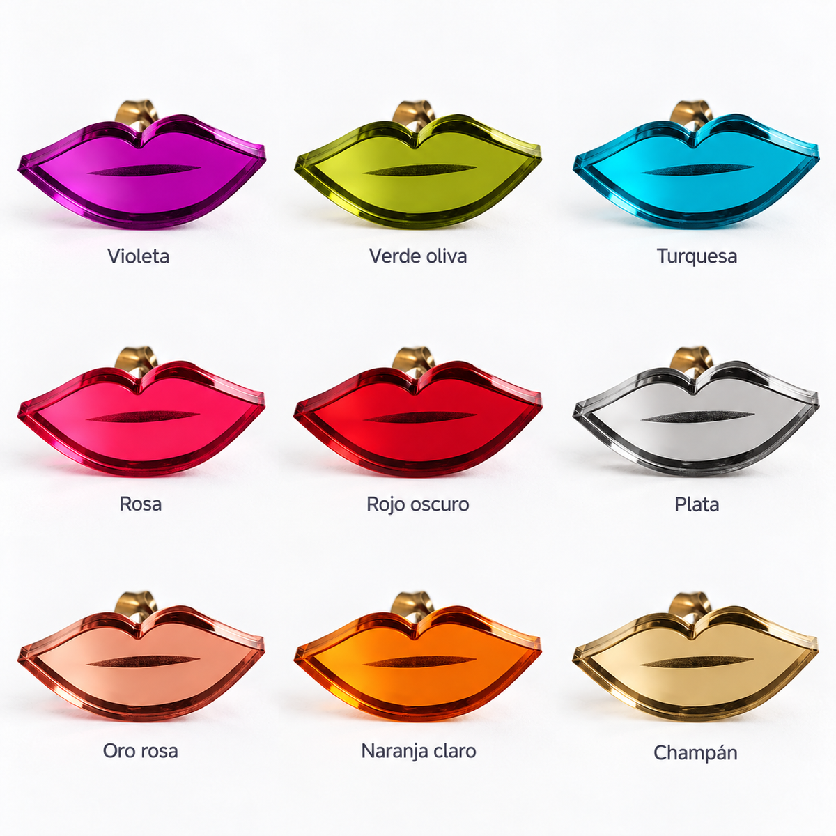 Pendientes Mini Labios en nueve acabados espejo: violeta, verde oliva, turquesa, rosa, rojo oscuro, plata, oro rosa, naranja claro y champán.