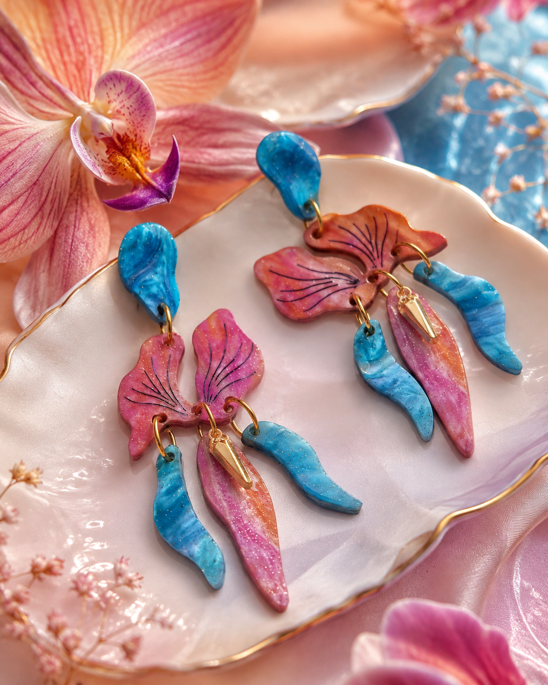Pendientes Orquídea Galaxy en composición artística floral