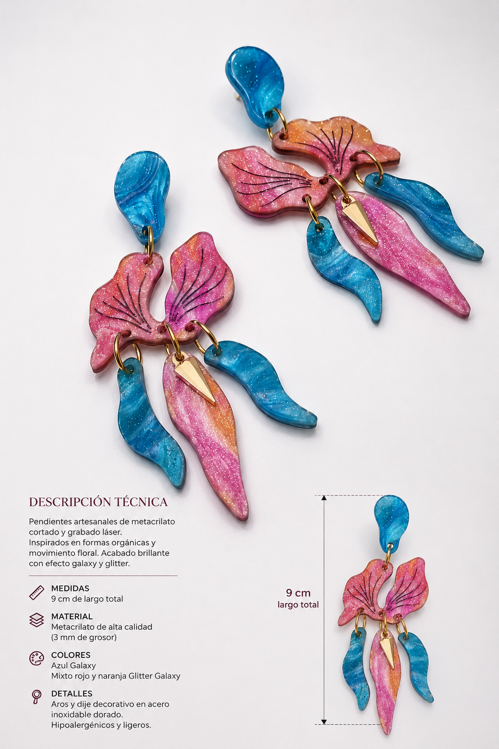 Pendientes Orquídea Galaxy de metacrilato azul y rojo naranja glitter, 9 cm