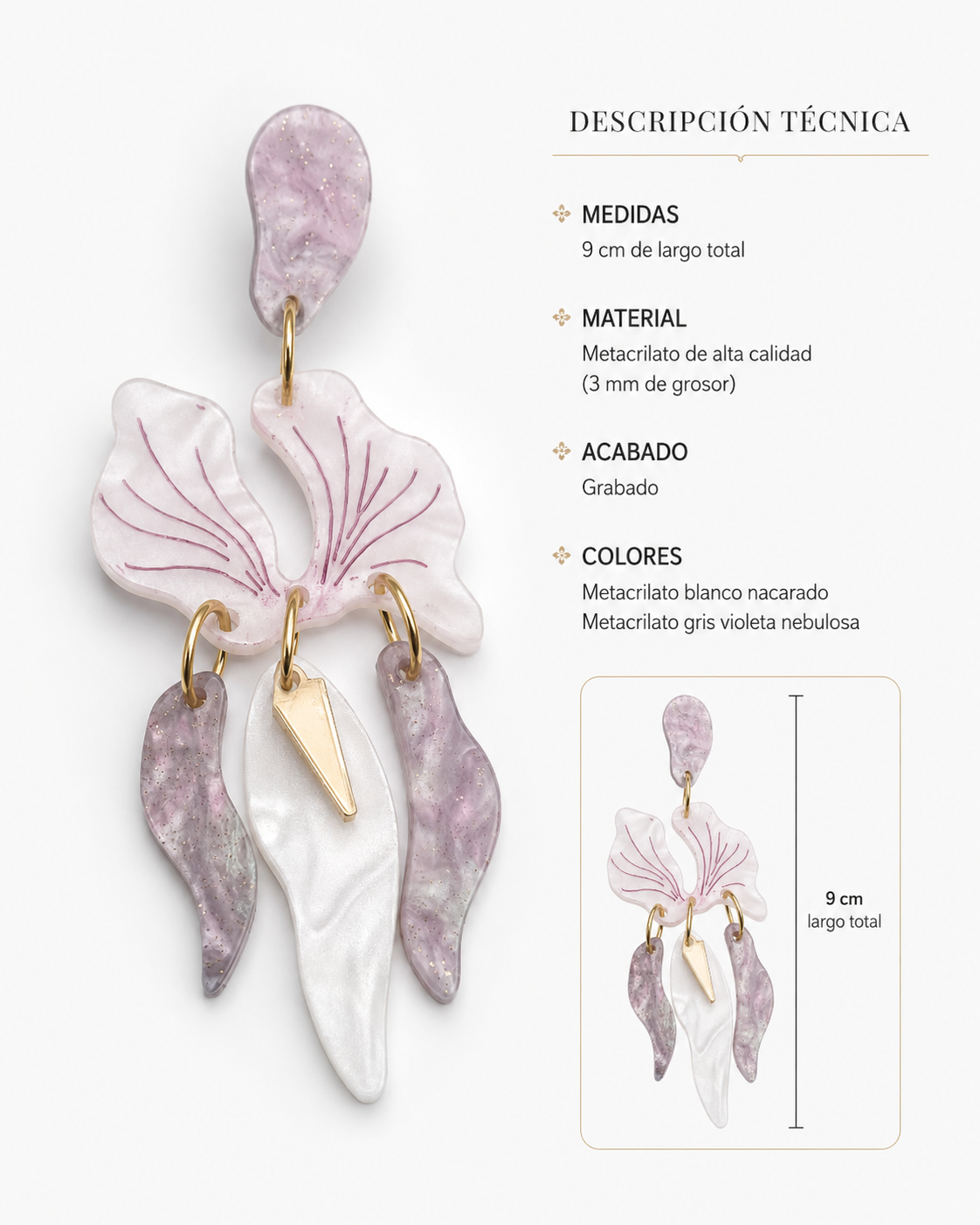 Ficha técnica Pendientes Orquídea Nácar Violeta, 9 cm