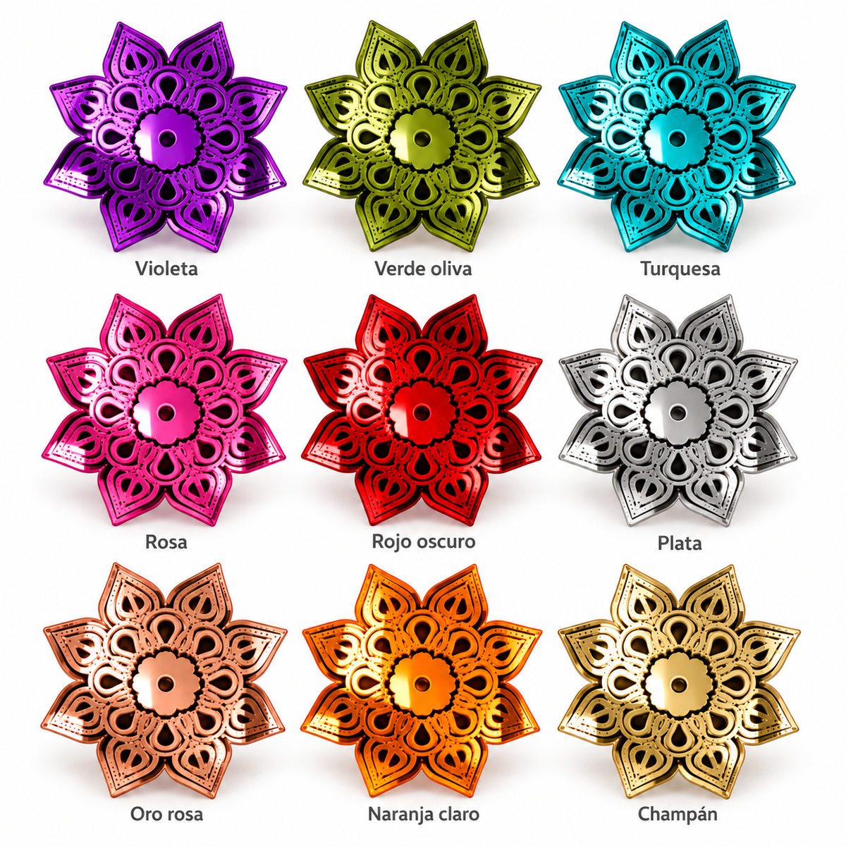 Pendientes Mini Mandala en nueve colores de metacrilato espejo, con grabado visible